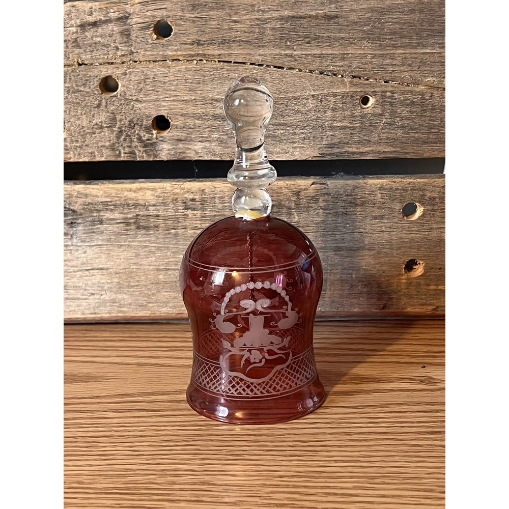 Clear and Raspberry Glass Bell Etched Florals Hand Blown Vintage Granny Core MCM